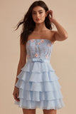 Blauwe strapless A-lijn gelaagde bloemen homecoming jurk met ruches