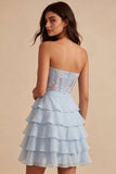 Blauwe strapless A-lijn gelaagde bloemen homecoming jurk met ruches