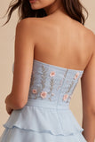 Blauwe strapless A-lijn gelaagde bloemen homecoming jurk met ruches