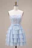 Blauwe strapless A-lijn gelaagde bloemen homecoming jurk met ruches