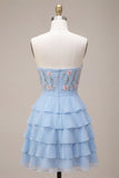 Blauwe strapless A-lijn gelaagde bloemen homecoming jurk met ruches
