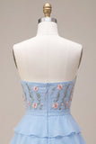 Blauwe strapless A-lijn gelaagde bloemen homecoming jurk met ruches