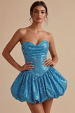 Glinsterende sweetheart blauwe A-lijn pailletten korte homecomingjurk met bubble zoom