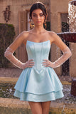 Strapless blauwe Baskische taille A-lijn gelaagde korsetten satijnen homecomingjurk