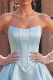 Strapless blauwe Baskische taille A-lijn gelaagde korsetten satijnen homecomingjurk
