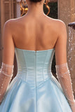 Strapless blauwe Baskische taille A-lijn gelaagde korsetten satijnen homecomingjurk