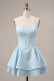 Strapless blauwe Baskische taille A-lijn gelaagde korsetten satijnen homecomingjurk