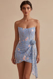 Strapless blauw bodycon korset met bloemen geborduurde korte homecomingjurk met sjerp
