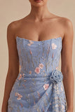 Strapless blauw bodycon korset met bloemen geborduurde korte homecomingjurk met sjerp