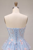 Blauwe A-lijn strapless korsetjurk met bloemen en ruches en baskische taille homecoming jurk
