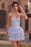 Blauwe A-lijn strapless korsetjurk met bloemen en ruches en baskische taille homecoming jurk