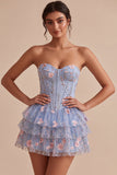 Blauwe A-lijn strapless korsetjurk met bloemen en ruches en baskische taille homecoming jurk