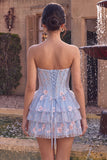 Blauwe A-lijn strapless korsetjurk met bloemen en ruches en baskische taille homecoming jurk