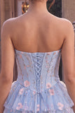 Blauwe A-lijn strapless korsetjurk met bloemen en ruches en baskische taille homecoming jurk
