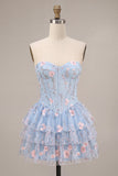 Blauwe A-lijn strapless korsetjurk met bloemen en ruches en baskische taille homecoming jurk