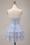 Blauwe A-lijn strapless korsetjurk met bloemen en ruches en baskische taille homecoming jurk