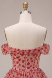 Off-the-shoulder rode A-lijn pailletten korset met gelaagde ritseljurk homecoming coming-jurk