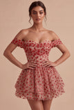Off-the-shoulder rode A-lijn pailletten korset met gelaagde ritseljurk homecoming coming-jurk