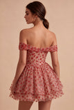 Off-the-shoulder rode A-lijn pailletten korset met gelaagde ritseljurk homecoming coming-jurk
