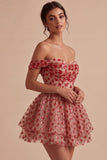 Off-the-shoulder rode A-lijn pailletten korset met gelaagde ritseljurk homecoming coming-jurk