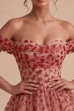 Off-the-shoulder rode A-lijn pailletten korset met gelaagde ritseljurk homecoming coming-jurk