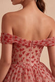 Off-the-shoulder rode A-lijn pailletten korset met gelaagde ritseljurk homecoming coming-jurk
