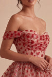 Off-the-shoulder rode A-lijn pailletten korset met gelaagde ritseljurk homecoming coming-jurk