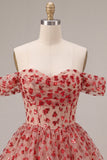 Off-the-shoulder rode A-lijn pailletten korset met gelaagde ritseljurk homecoming coming-jurk