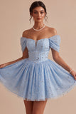 Off-the-shoulder blauwe A-lijn corset met kralen versierde korte homecomingjurk