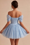 Off-the-shoulder blauwe A-lijn corset met kralen versierde korte homecomingjurk