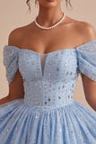 Off-the-shoulder blauwe A-lijn corset met kralen versierde korte homecomingjurk