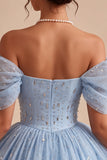 Off-the-shoulder blauwe A-lijn corset met kralen versierde korte homecomingjurk