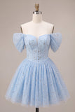 Off-the-shoulder blauwe A-lijn corset met kralen versierde korte homecomingjurk