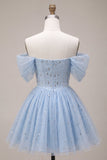 Off-the-shoulder blauwe A-lijn corset met kralen versierde korte homecomingjurk