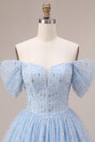 Off-the-shoulder blauwe A-lijn corset met kralen versierde korte homecomingjurk