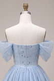 Off-the-shoulder blauwe A-lijn corset met kralen versierde korte homecomingjurk