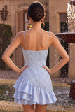 Blauwe Bodycon Met gerimpelde Spaghettibandjes Korte Homecoming-jurk