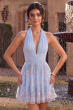 Halter neck blauwe A-lijn gerimpelde bloemen korte homecoming jurk