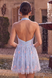 Halter neck blauwe A-lijn gerimpelde bloemen korte homecoming jurk