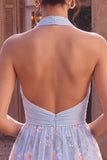 Halter neck blauwe A-lijn gerimpelde bloemen korte homecoming jurk