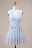 Halter neck blauwe A-lijn gerimpelde bloemen korte homecoming jurk