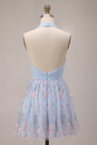 Halter neck blauwe A-lijn gerimpelde bloemen korte homecoming jurk