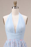 Halter neck blauwe A-lijn gerimpelde bloemen korte homecoming jurk