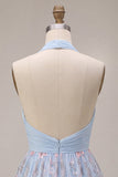 Halter neck blauwe A-lijn gerimpelde bloemen korte homecoming jurk