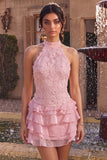 Roze halter hals bodycon gelaagd met ruches en bloemenparels korte homecomingjurk