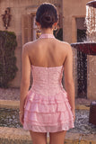 Roze halter hals bodycon gelaagd met ruches en bloemenparels korte homecomingjurk