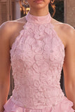 Roze halter hals bodycon gelaagd met ruches en bloemenparels korte homecomingjurk