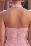 Roze halter hals bodycon gelaagd met ruches en bloemenparels korte homecomingjurk