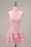 Roze halter hals bodycon gelaagd met ruches en bloemenparels korte homecomingjurk