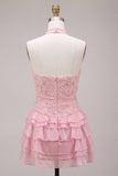 Roze halter hals bodycon gelaagd met ruches en bloemenparels korte homecomingjurk